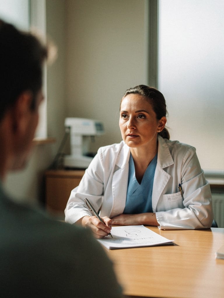A urologist listens attentively and takes handwritten notes during a consultation