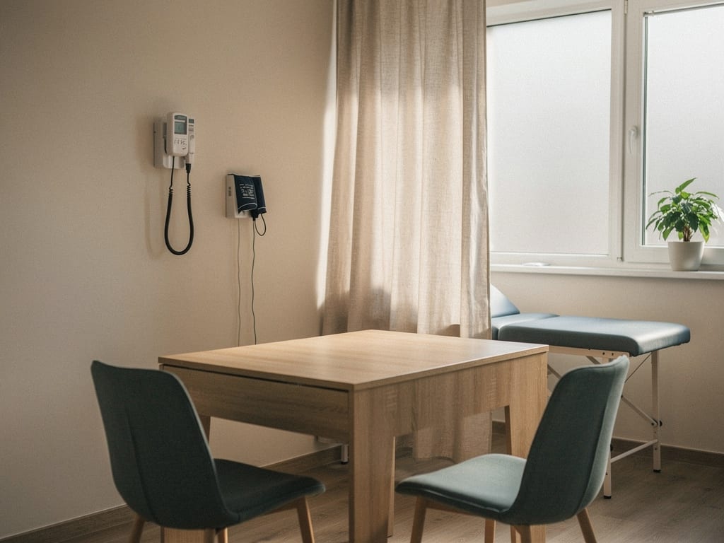A calm consultation room in a men's health clinic with two chairs, a desk and an examination couch behind a linen curtain
