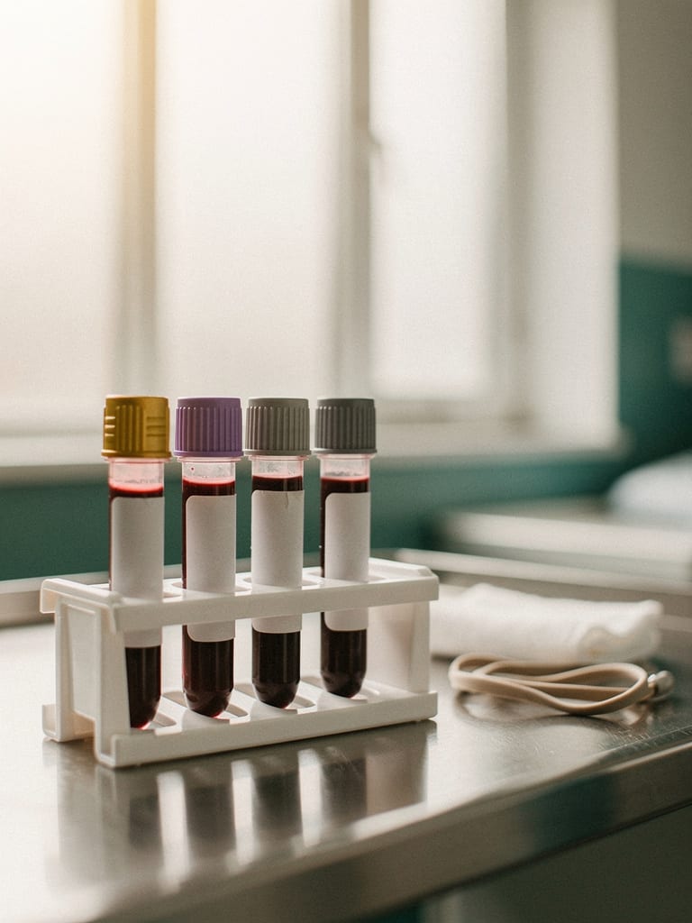 A rack of capped blood sample tubes prepared for a hormone and metabolic panel